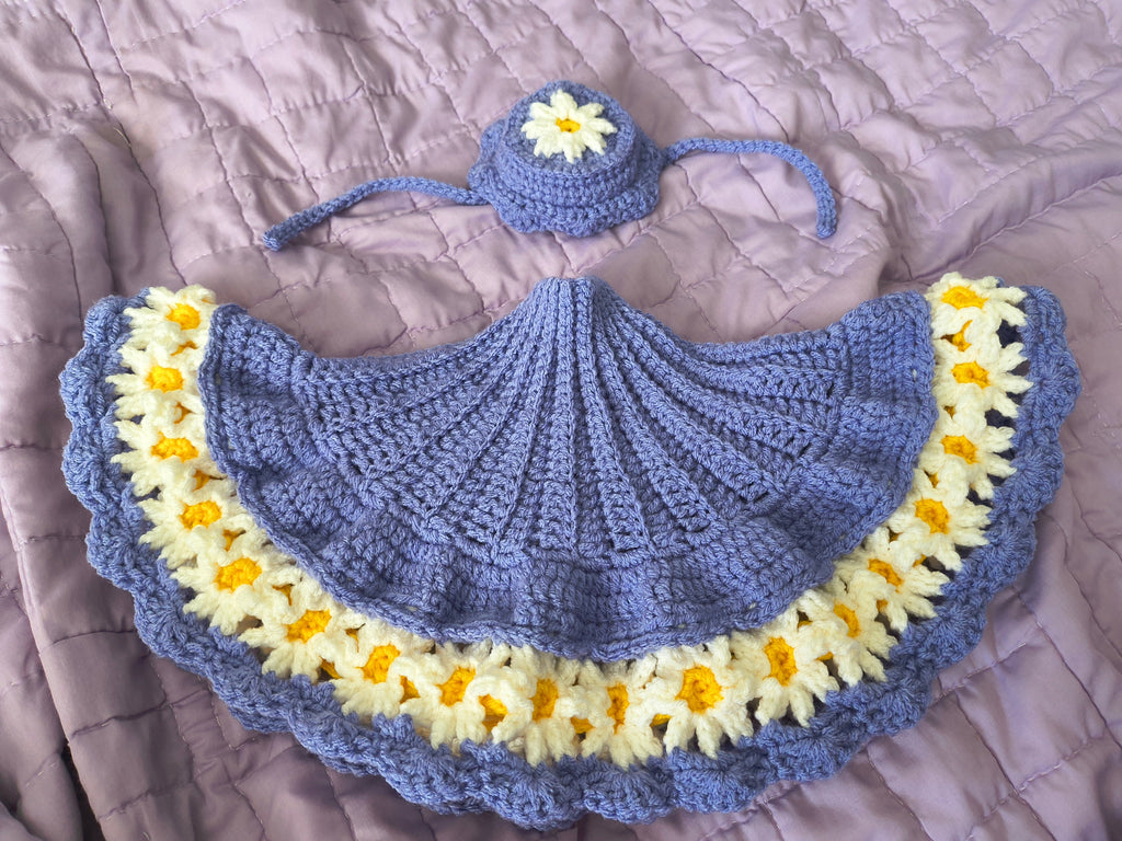 23" Porch Goose Daisy Dress and Hat Set - Periwinkle (MADE TO ORDER)