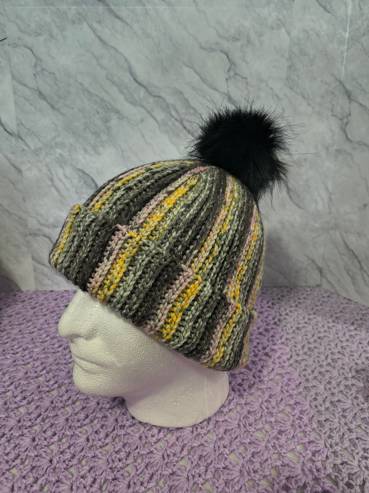 Knit-Look Crochet Beanie – Gray, Pink, Yellow & White Multicolor with Removable Pompom