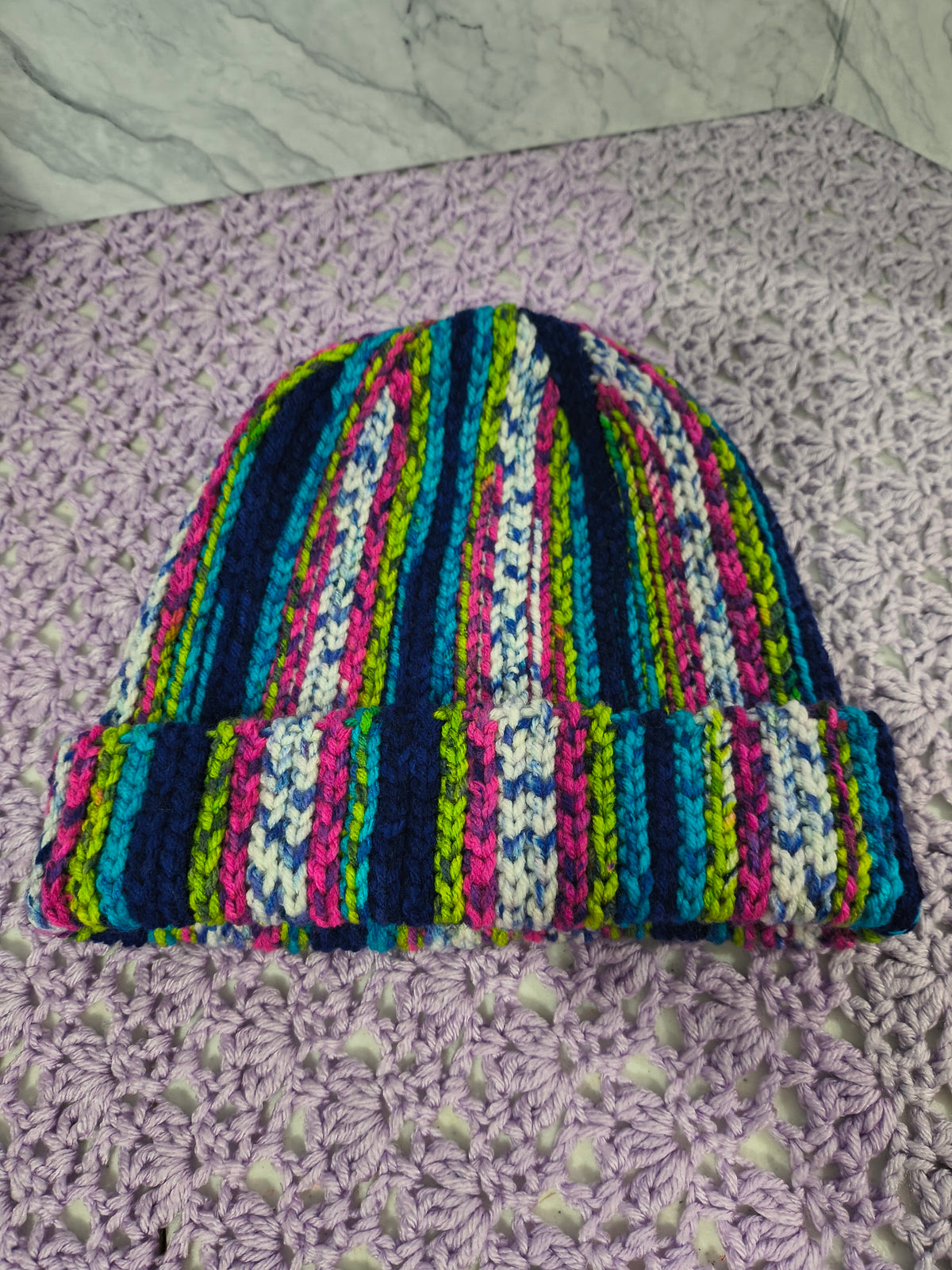 Knit-Look Crochet Beanie – Bright Multicolor Stripes