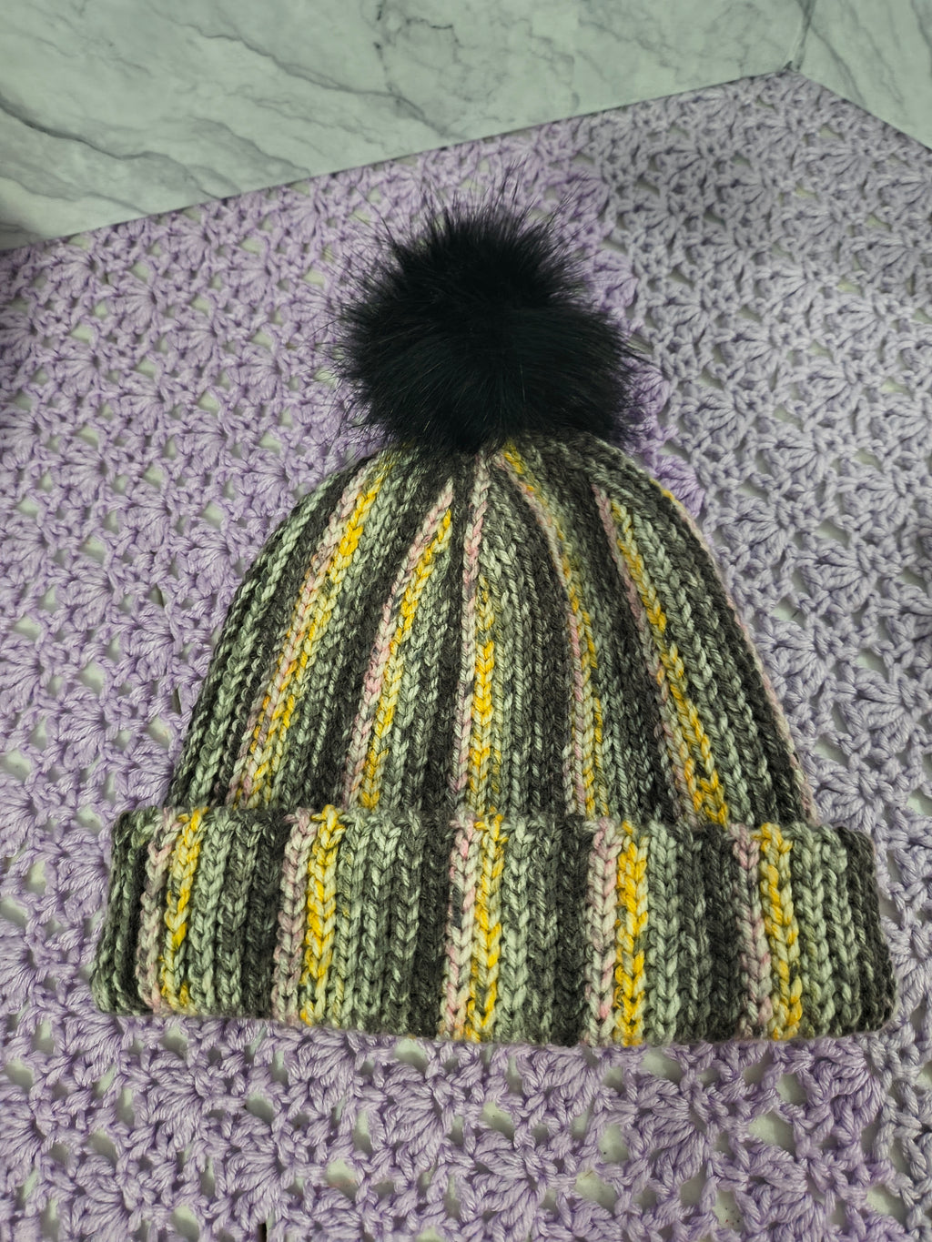 Knit-Look Crochet Beanie – Gray, Pink, Yellow & White Multicolor with Removable Pompom