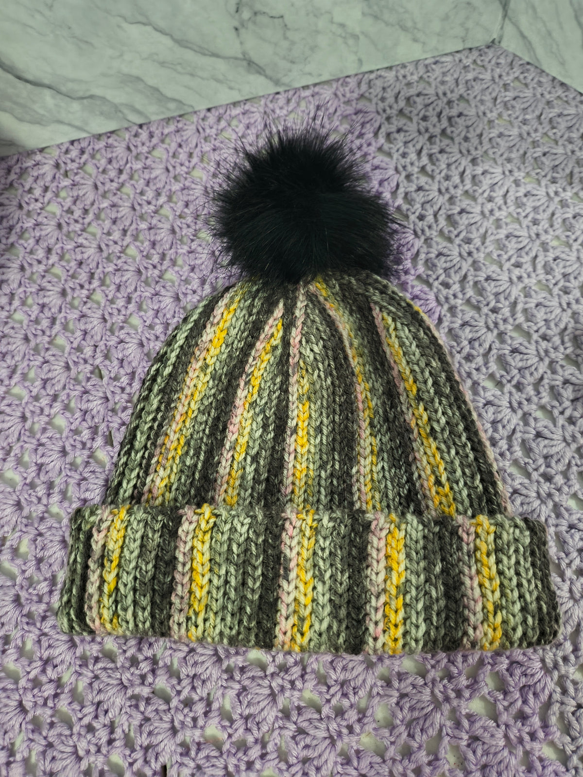 Knit-Look Crochet Beanie – Gray, Pink, Yellow & White Multicolor with Removable Pompom