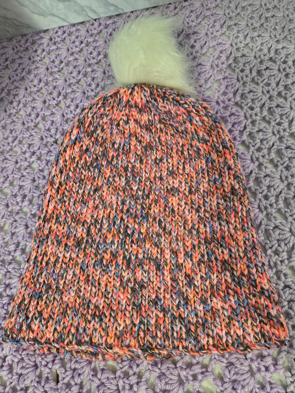 Knit-Look Crochet Beanie – Peachy Pink & Charcoal Multicolor with Removable Pompom