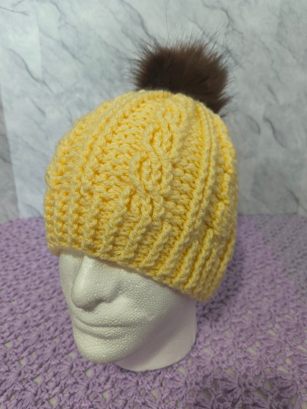 Crochet Cables Beanie – Cream with Removable Pompom