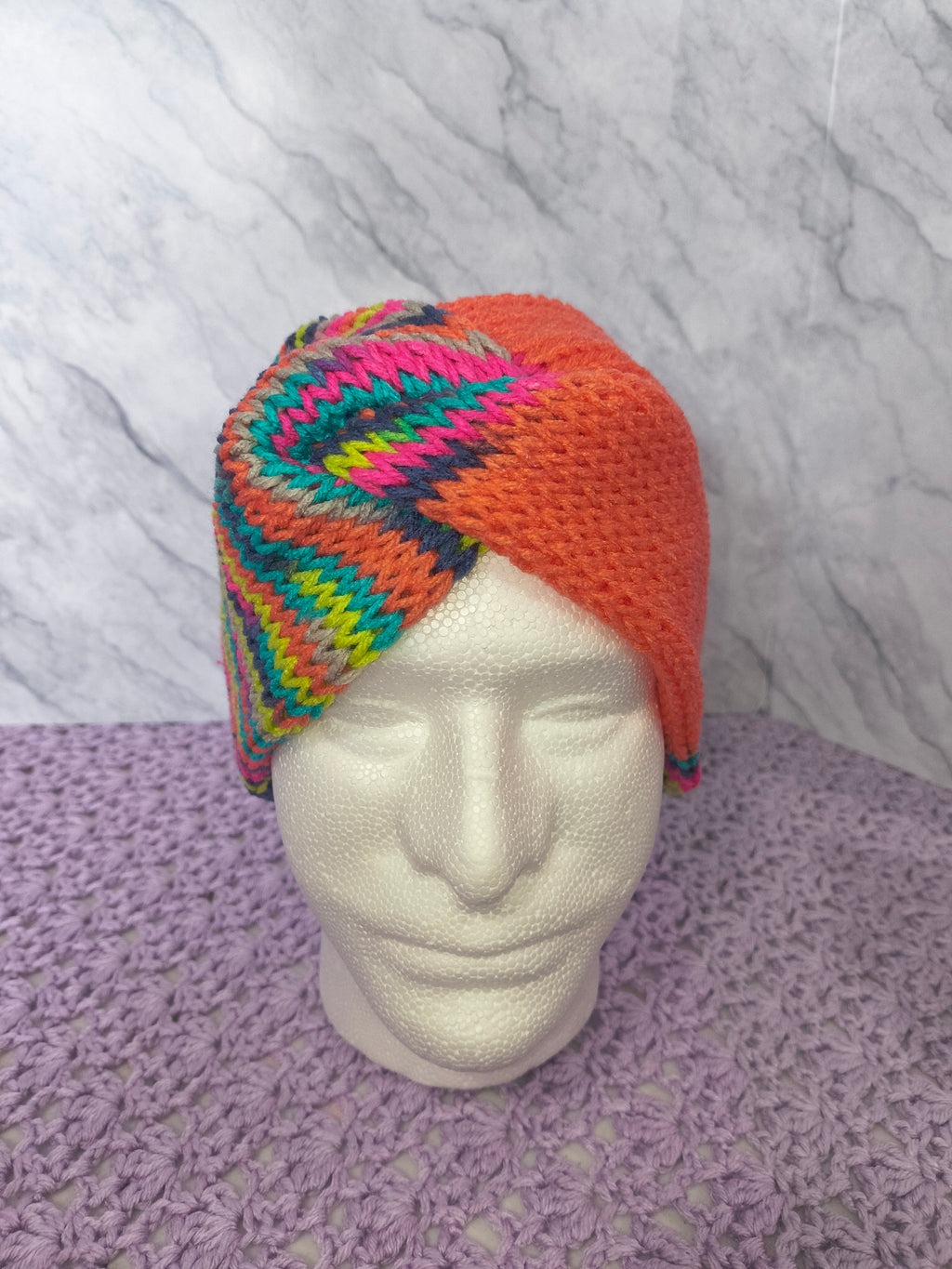 Twisted Knit Ear Warmer – Coral & Multicolor Stripes