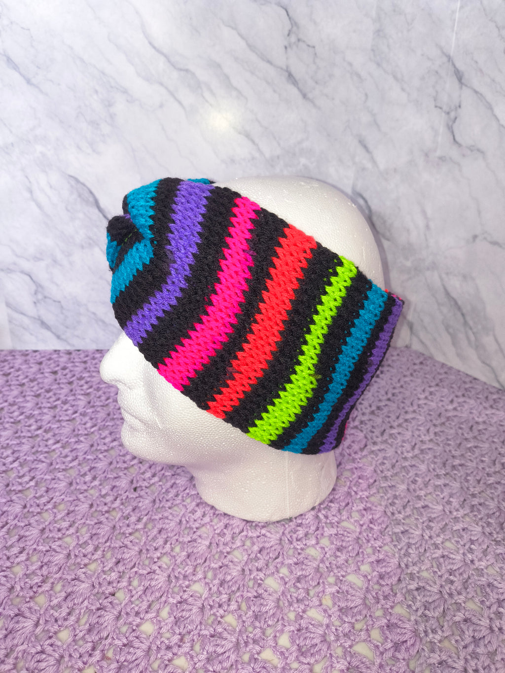 Twisted Knit Ear Warmer – Black & Bright Stripes