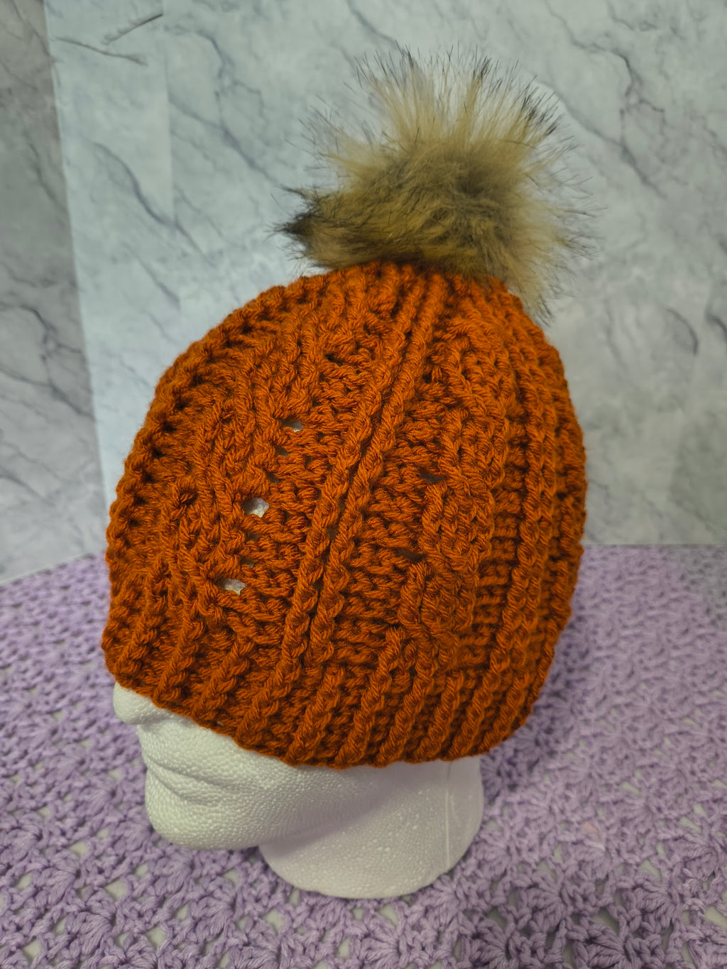 Crochet Cables Beanie – Rust Orange with Removable Pompom