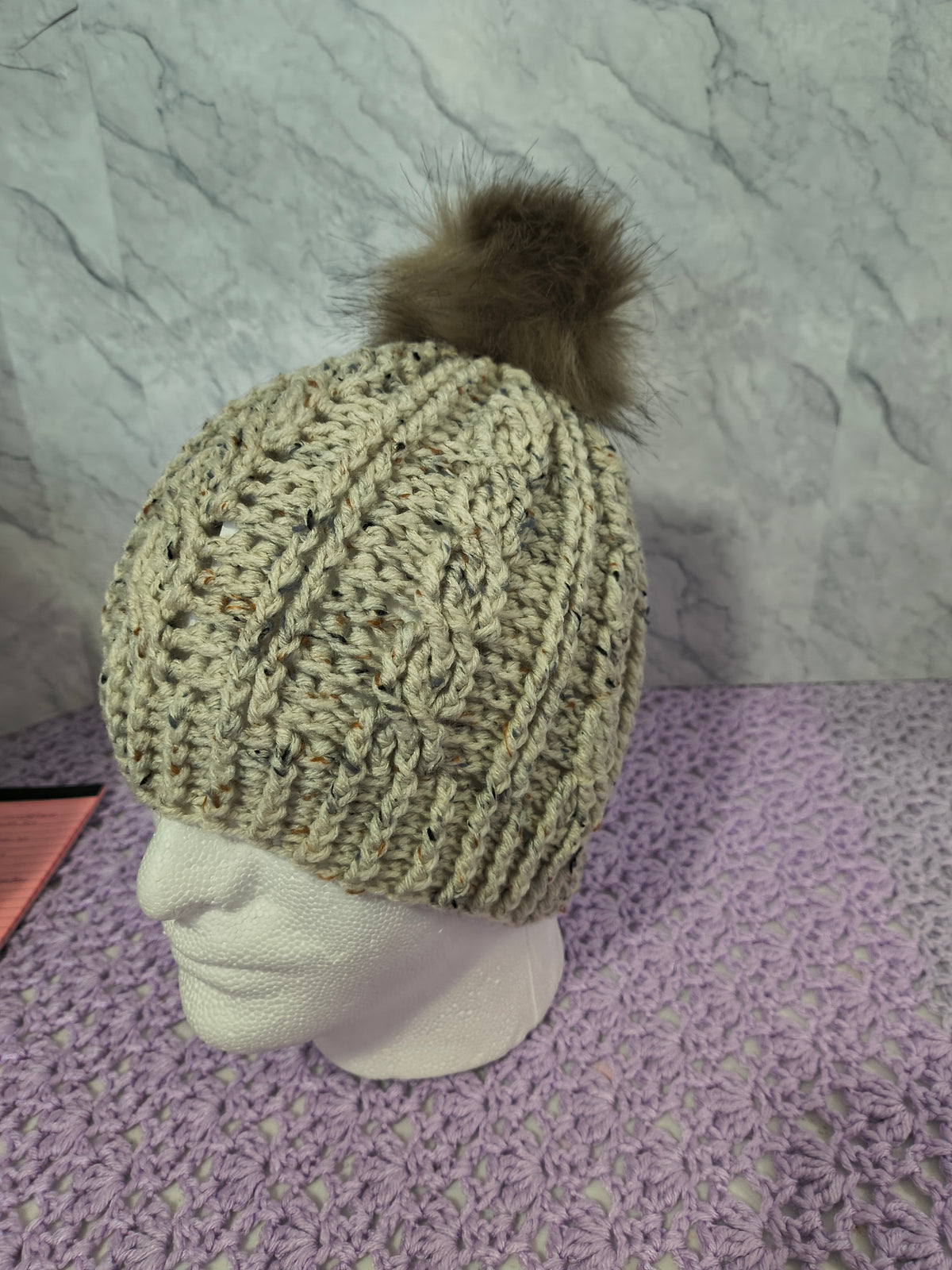 Crochet Cables Beanie – Aran Speck with Removable Pompom