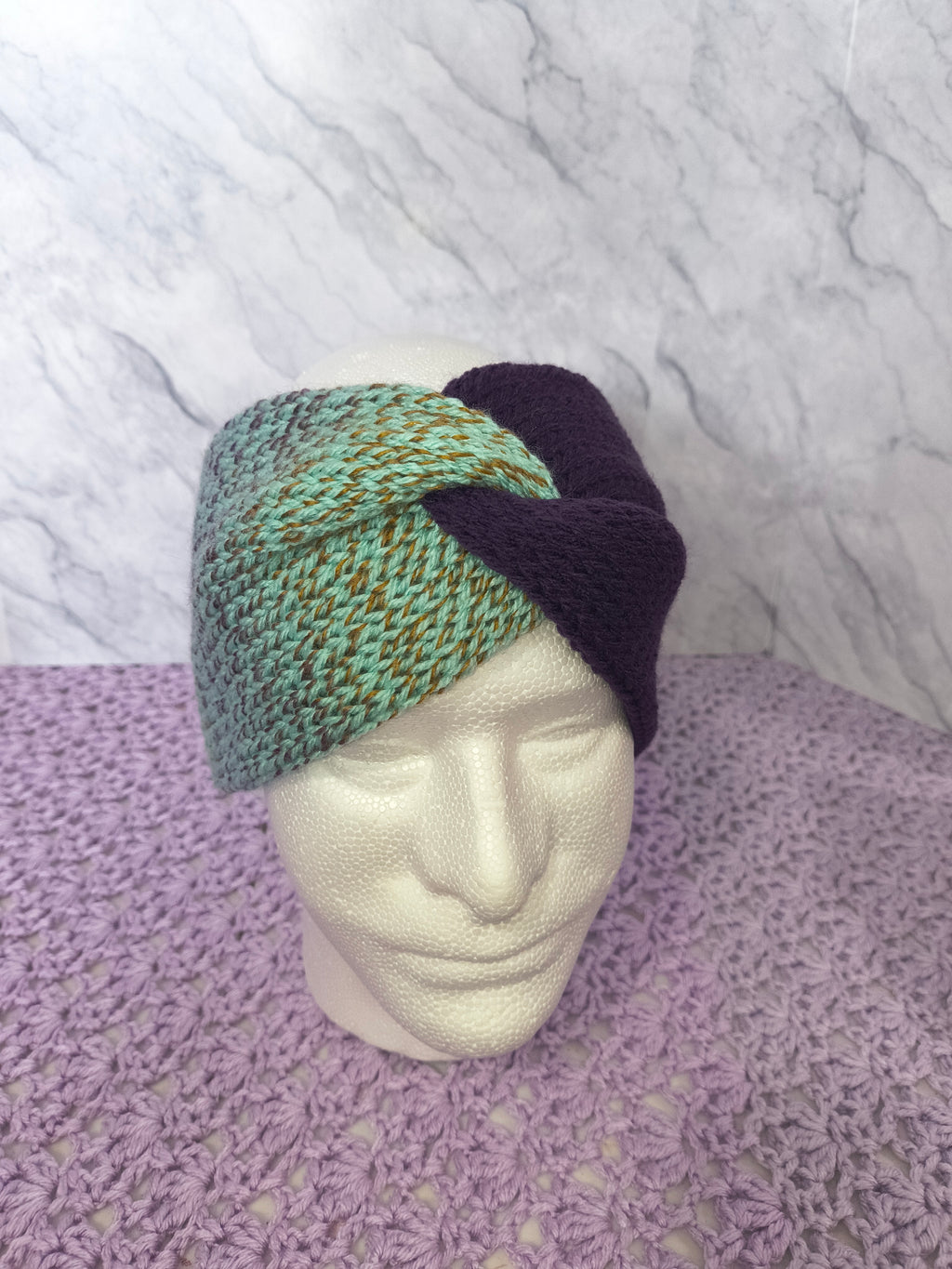Twisted Knit Ear Warmer – Minty Green & Plum Color Block