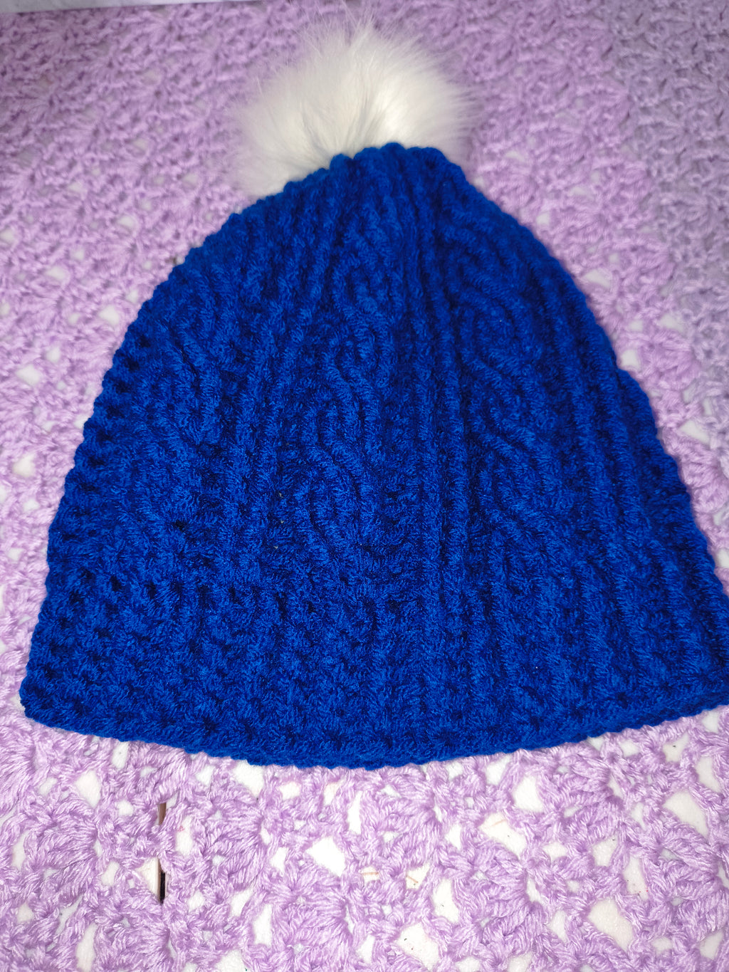 Crochet Cables Beanie – Royal Blue with Removable Pompom