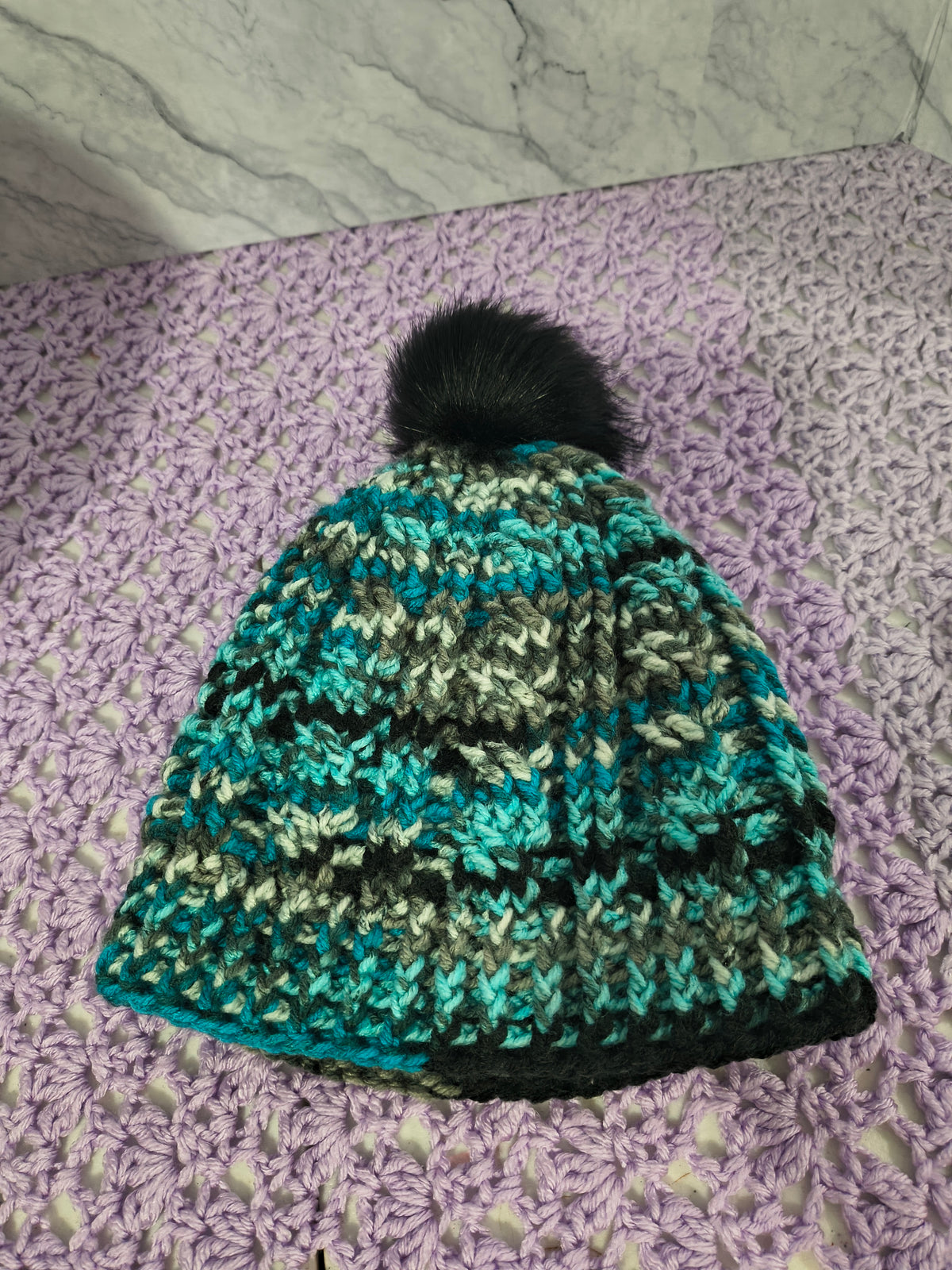 Crochet Cables Beanie – Agean Stripe with Removable Pompom