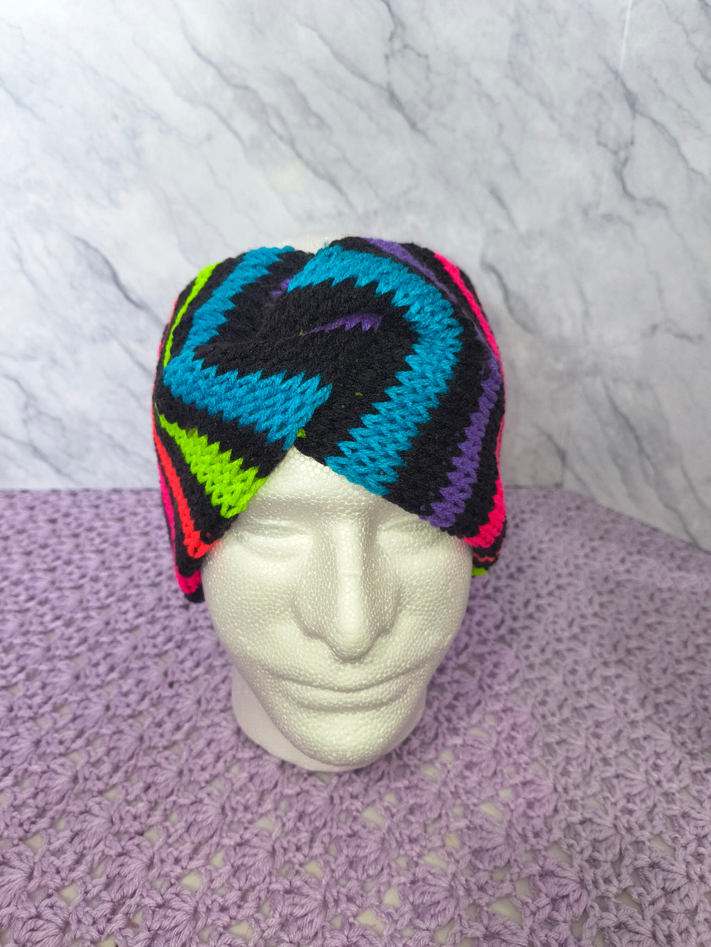 Twisted Knit Ear Warmer – Black & Bright Stripes