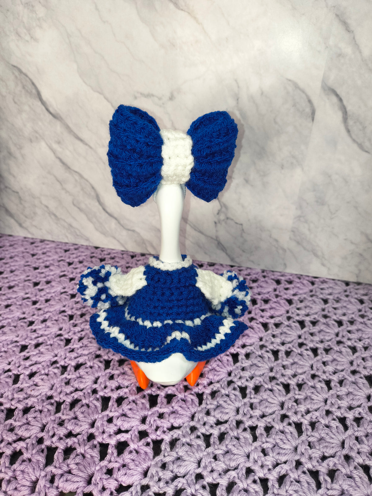 7" Desk Goose Blue & White Cheerleader Outfit and Bow Set
