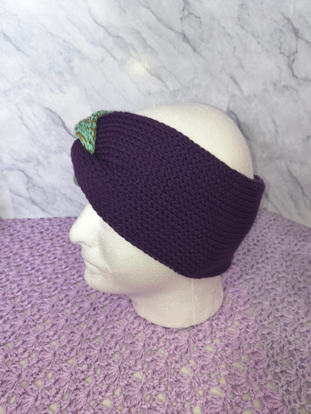 Twisted Knit Ear Warmer – Minty Green & Plum Color Block