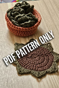 Crochet succulent coaster and terracotta planter pot set - overhead view showing coaster and basket