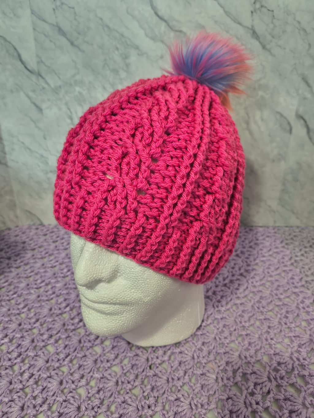 Crochet Cables Beanie – Hot Rose with Removable Pompom