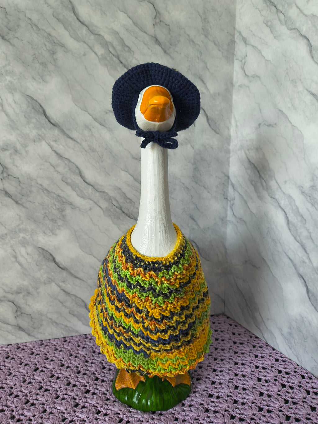 19.6-21" Porch Goose Dress & Sunhat Set – Yellow & Navy Multicolor