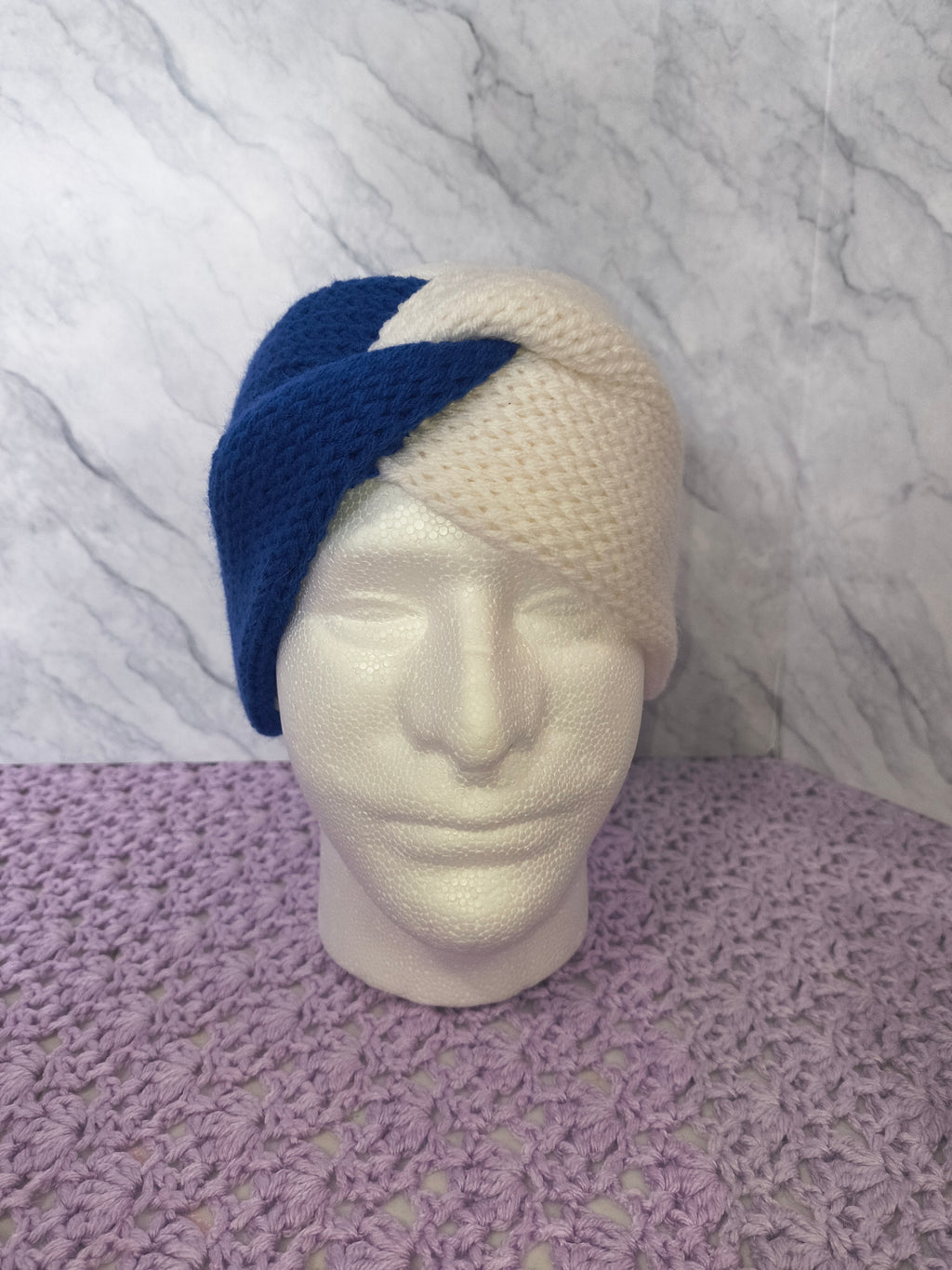 Twisted Knit Ear Warmer – Royal Blue & White